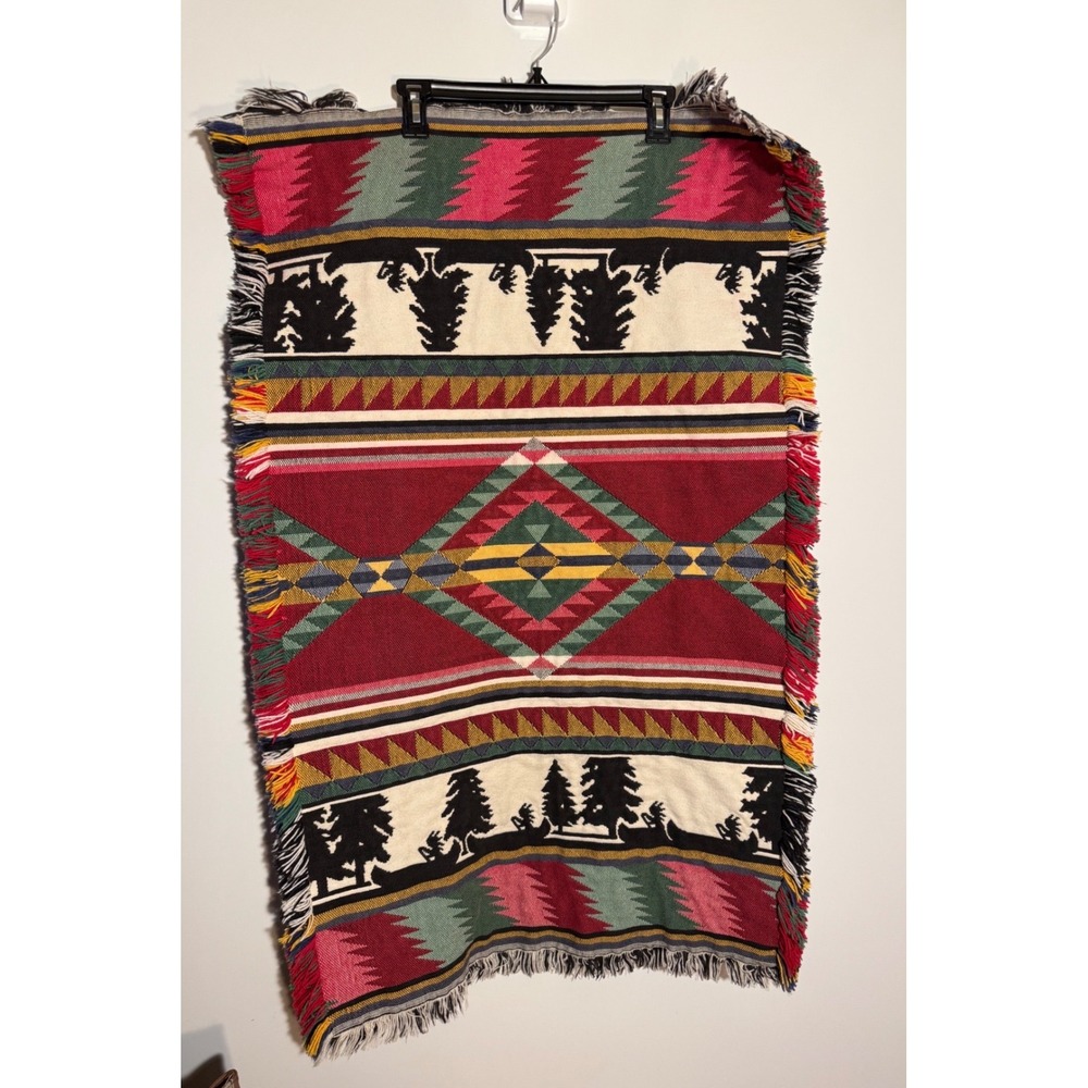 Vintage Aztec Southwestern‎ Tapestry Blanket Rug Pine Tree Lodge Afghan 42x26